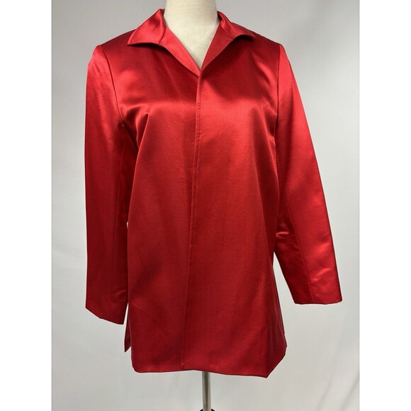 Lafayette 148 Jacket Silk Blazer Red Satin Size 8 Petite 8P Open Front Side Slit - Picture 1 of 10
